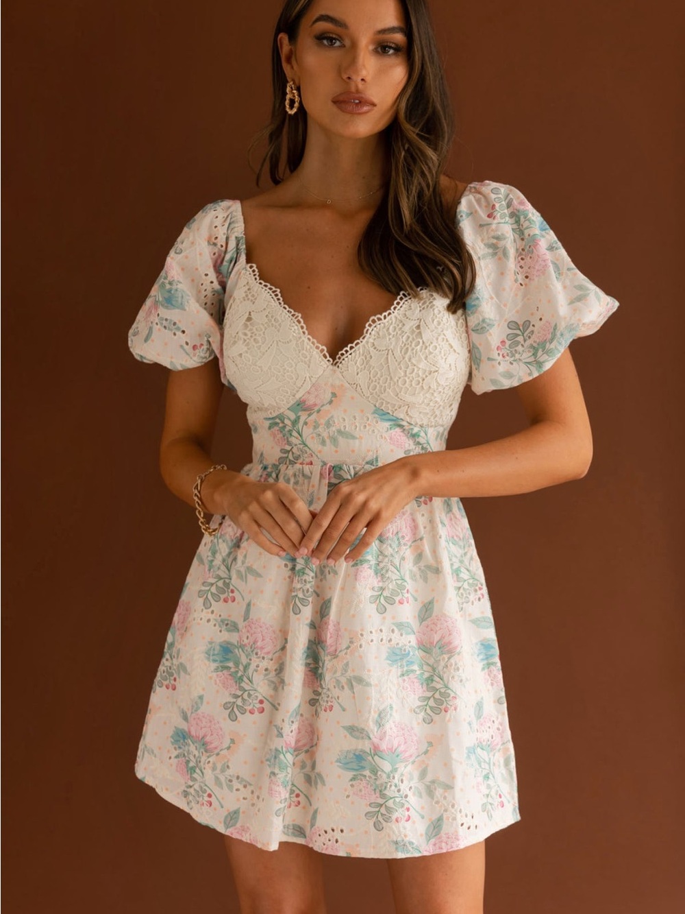 NWT Indikah Lovers Lane Lace Trim Puff Sleeve Dress